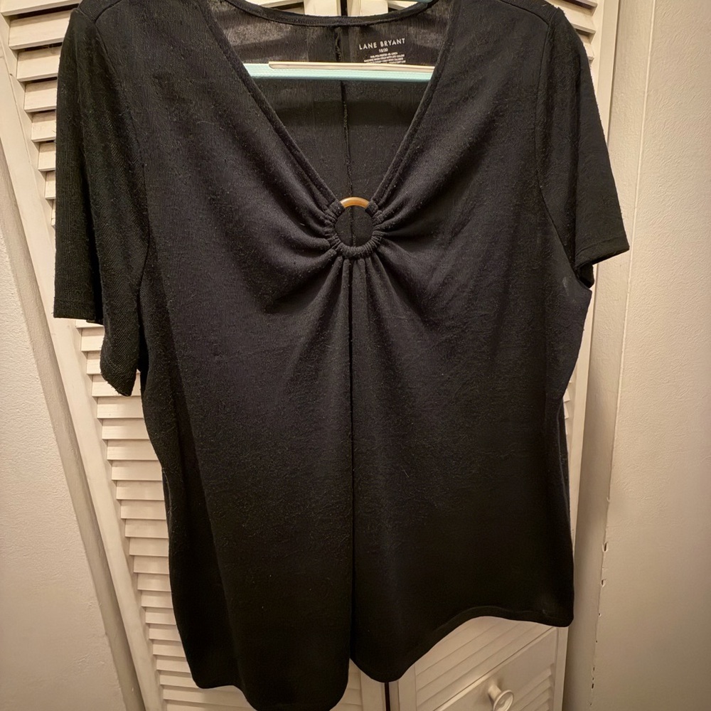 Lane Bryant Elegant Black Short Sleeve Top with Ring Accent